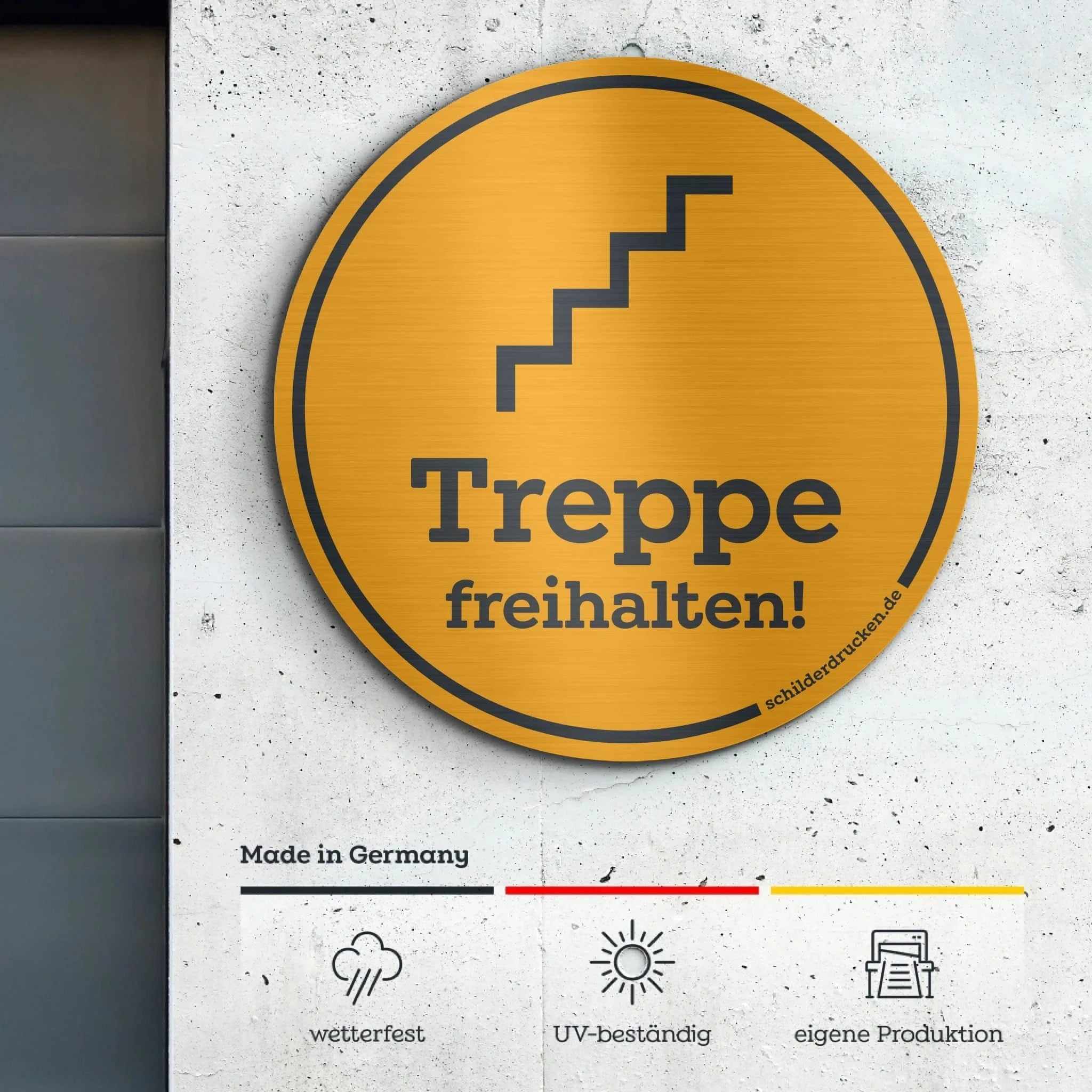 Treppe freihalten! Butlerfinish – Alu-Verbundplatte / 3 mm / 15 x 15 cm – rund online drucken lassen bei TeeInBlue