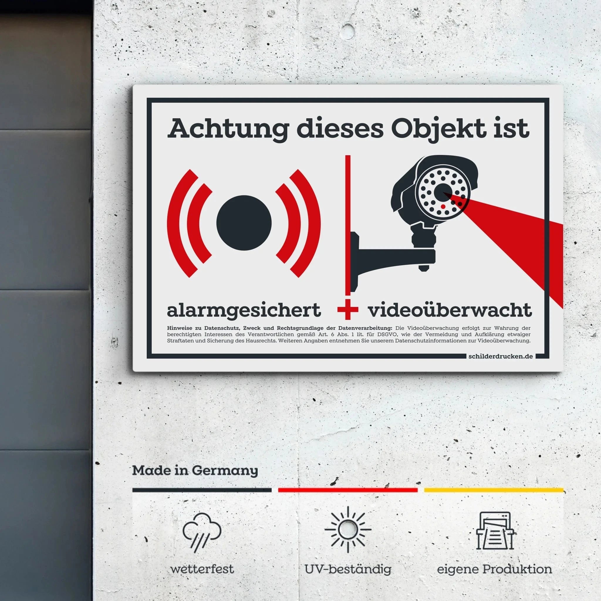 Alarmgesichert und videoüberwacht! Customizer Dibond – Alu-Verbundplatte / 3 mm / 20 x 13 cm online drucken lassen bei TeeInBlue