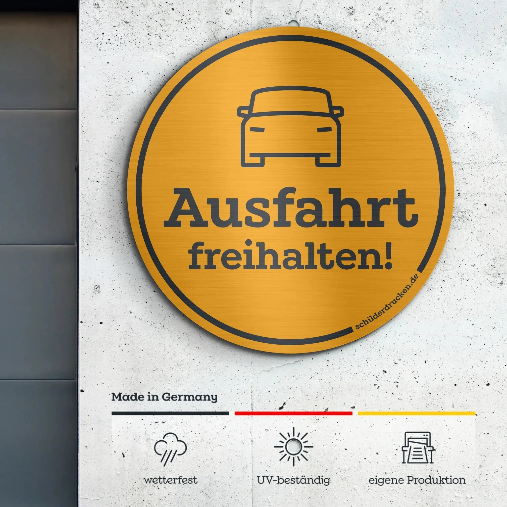 Ausfahrt freihalten Customizer Butlerfinish – Alu-Verbundplatte / 3 mm / 15 x 15 cm – rund online drucken lassen bei TeeInBlue