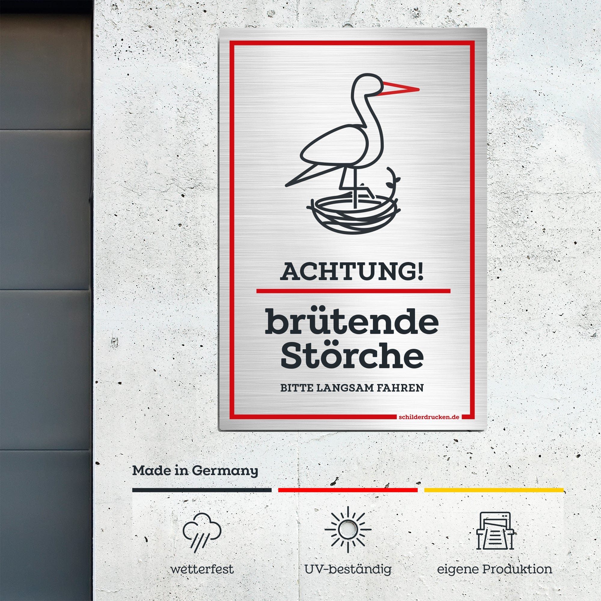 Achtung, brütende Störche 10 x 15 cm / silber gebürstet / Alu-Dibond online drucken lassen bei schilderdrucken.de