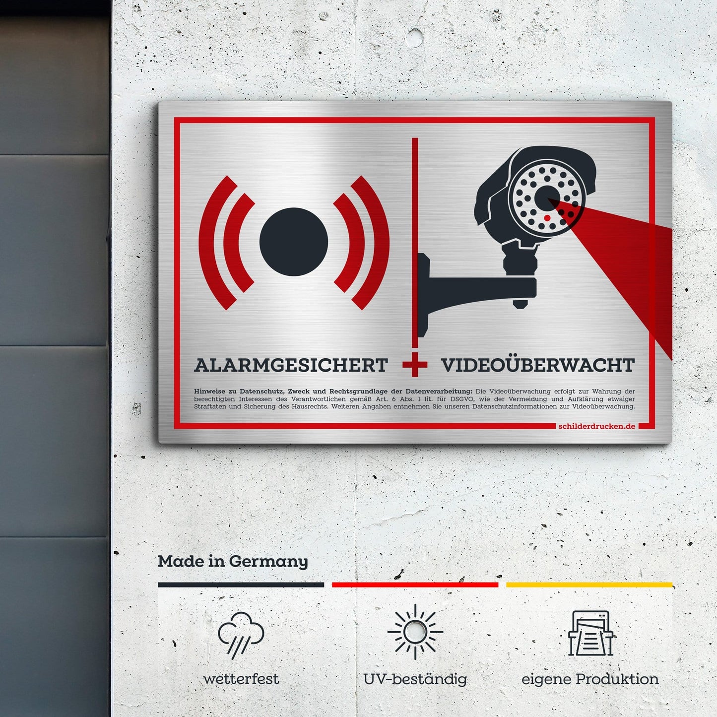 Alarmgesichert und videoüberwacht! 10 x 15 cm / silber gebürstet / Alu-Dibond online drucken lassen bei schilderdrucken.de