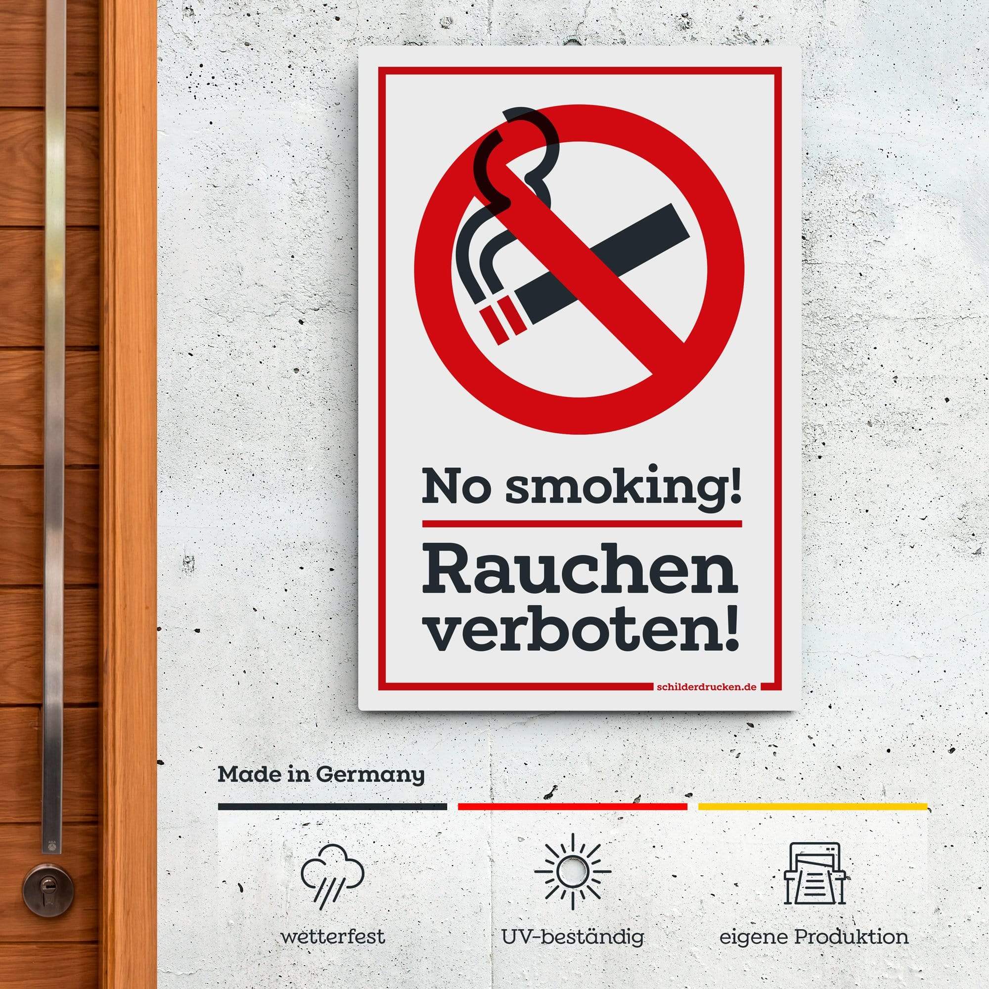 Rauchen verboten – no smoking! 10 x 15 cm / weiss / Alu-Dibond online drucken lassen bei schilderdrucken.de