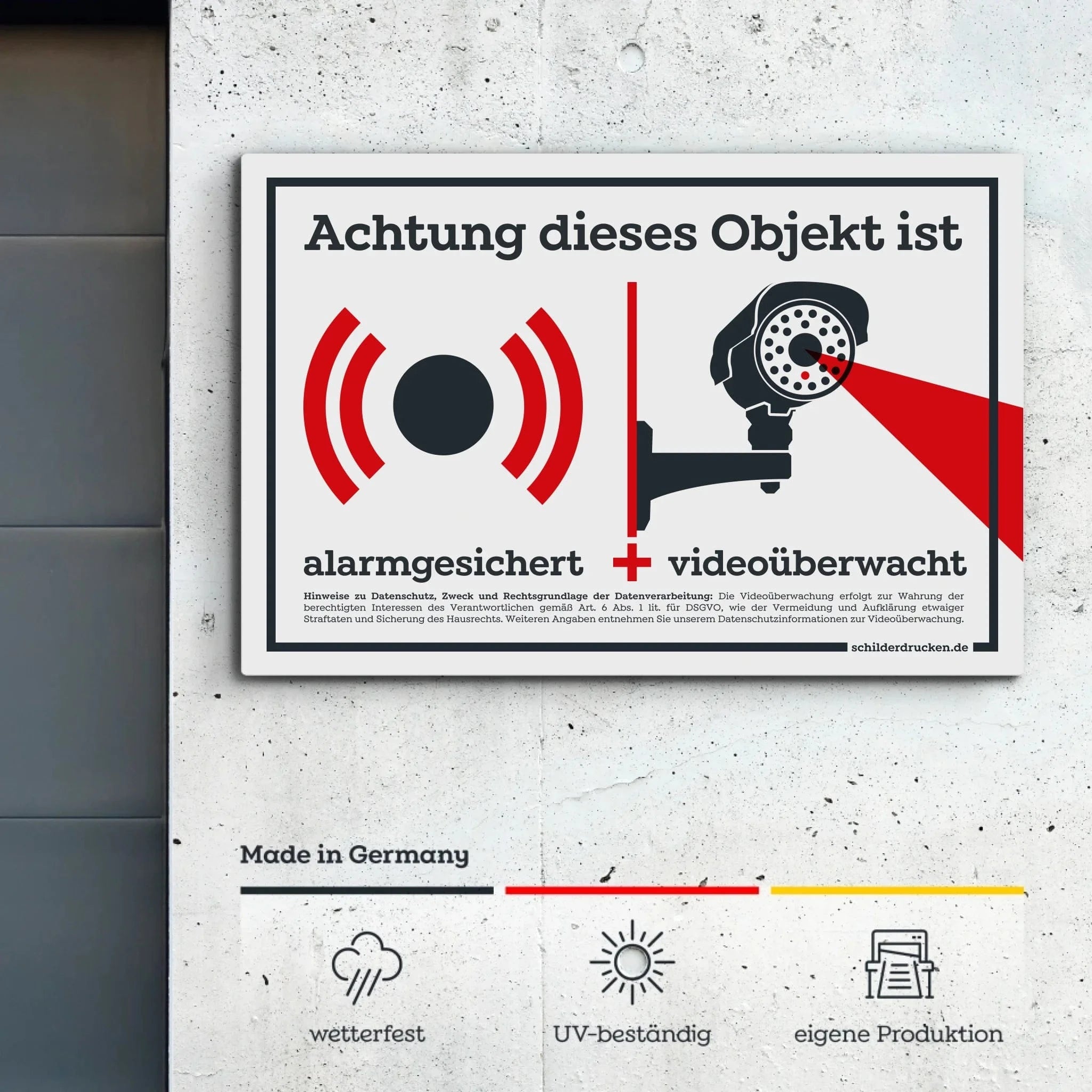 Alarmgesichert und videoüberwacht! Customizer ChromaLuxe – Aluminiumplatte / 1 mm / 30 x 20 cm online drucken lassen bei TeeInBlue