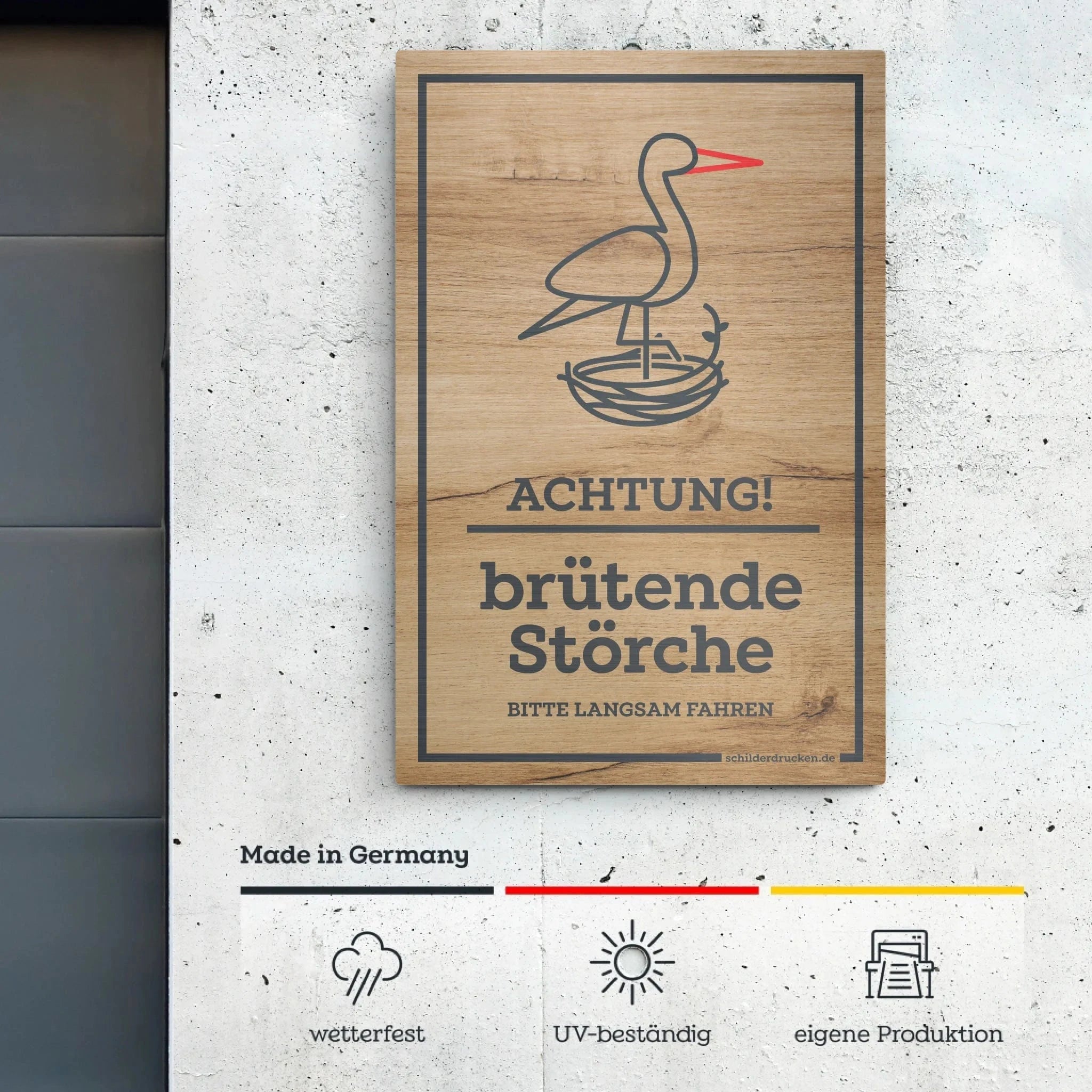 Achtung, brütende Störche Butlerfinish – Alu-Verbundplatte / 3 mm / 13 x 20 cm online drucken lassen bei TeeInBlue