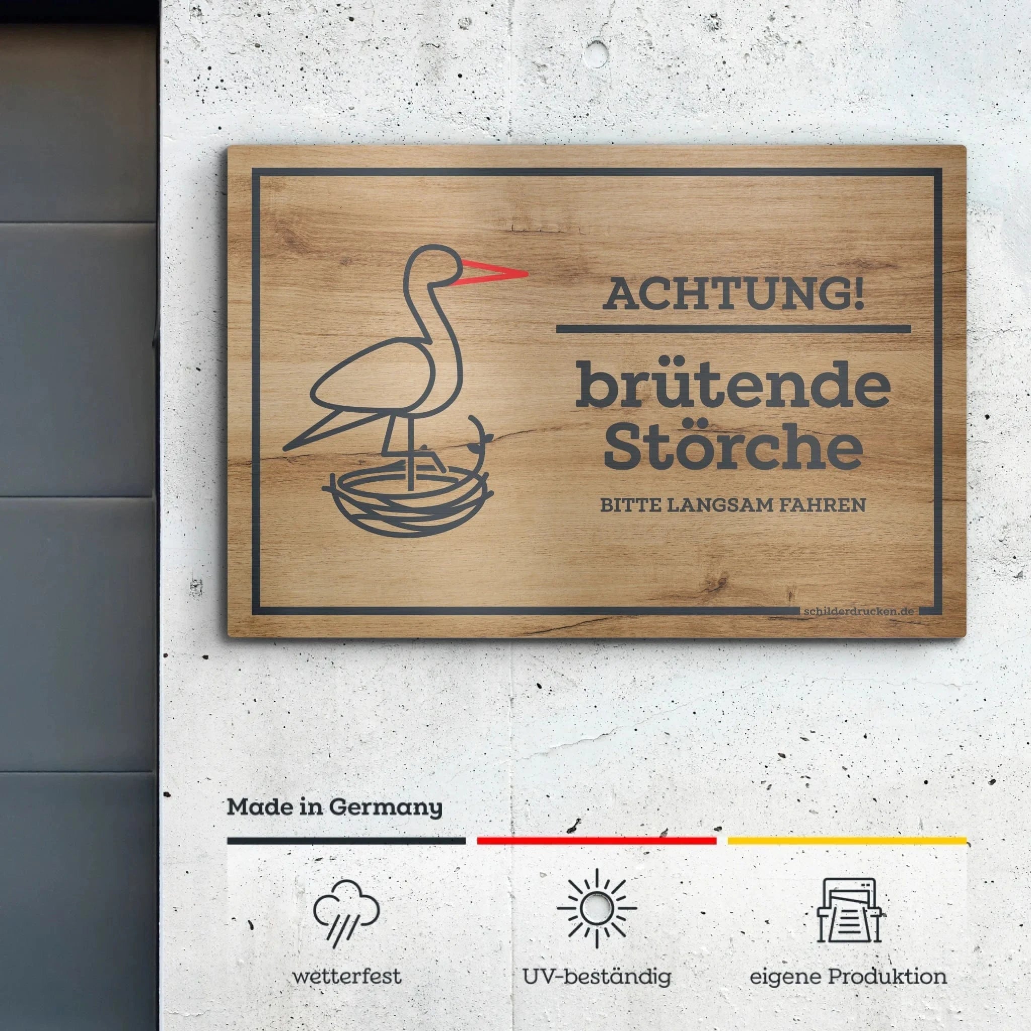 Achtung, brütende Störche Butlerfinish – Alu-Verbundplatte / 3 mm / 20 x 13 cm online drucken lassen bei TeeInBlue