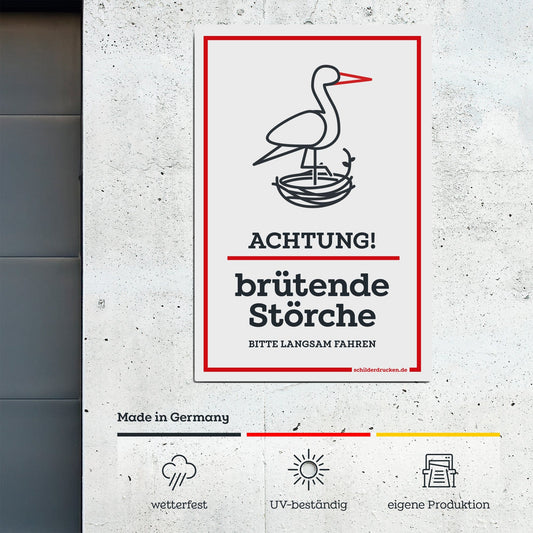 Achtung, brütende Störche 10 x 15 cm / weiss / Alu-Dibond online drucken lassen bei schilderdrucken.de