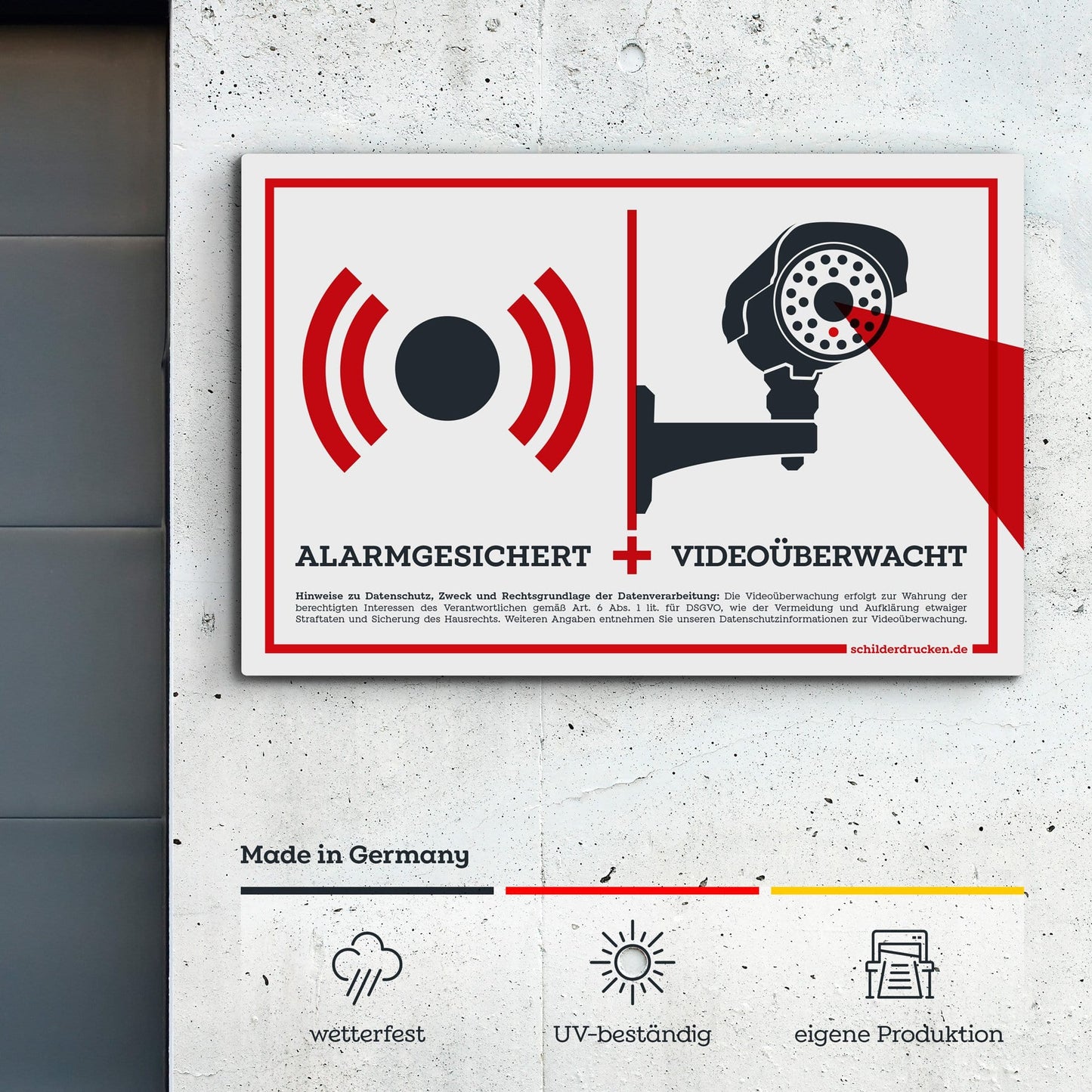 Alarmgesichert und videoüberwacht! 10 x 15 cm / weiss / Alu-Dibond online drucken lassen bei schilderdrucken.de