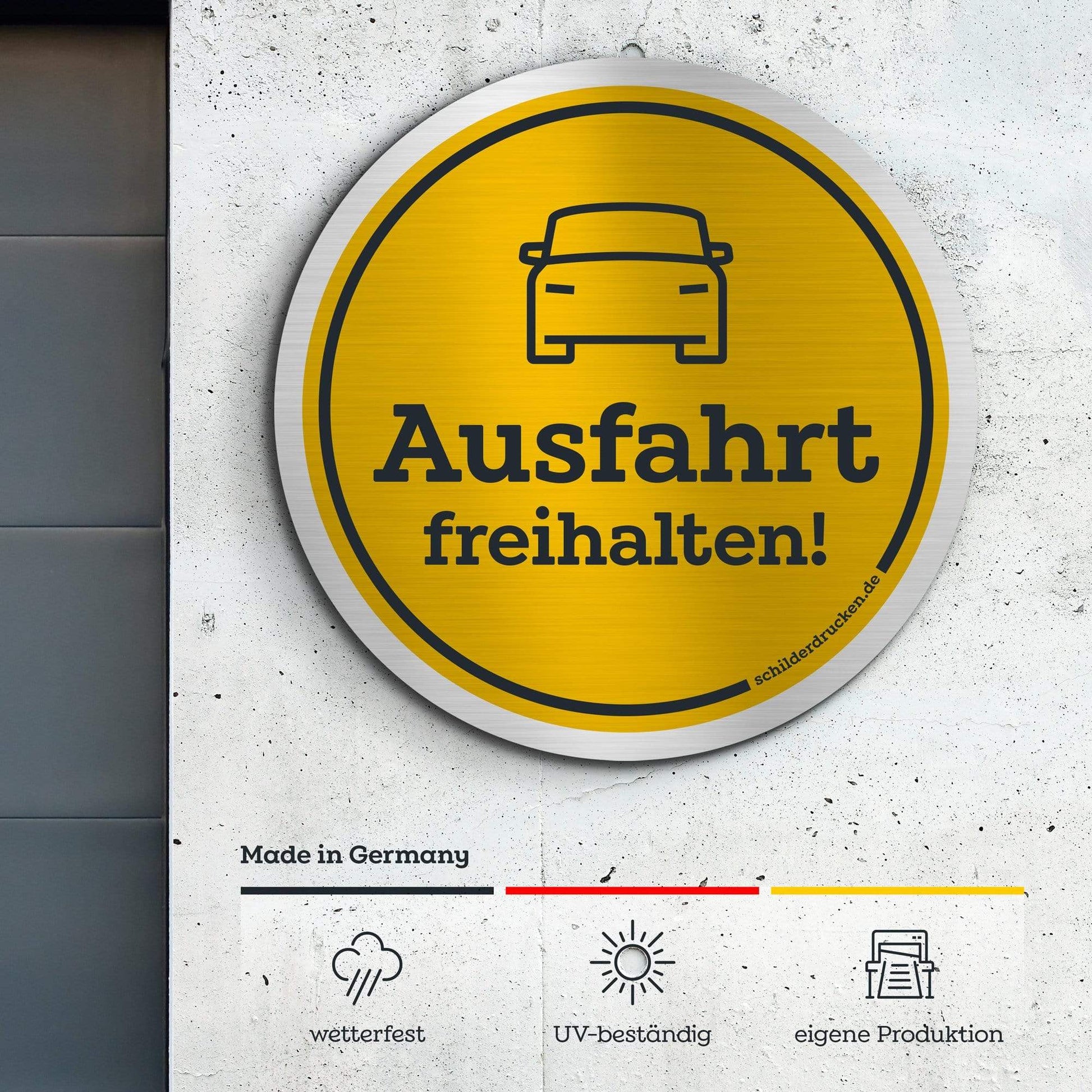 Fahrzeuge "Ausfahrt freihalten!" 10 x 10 cm / silber gebürstet / Alu-Dibond online drucken lassen bei schilderdrucken.de