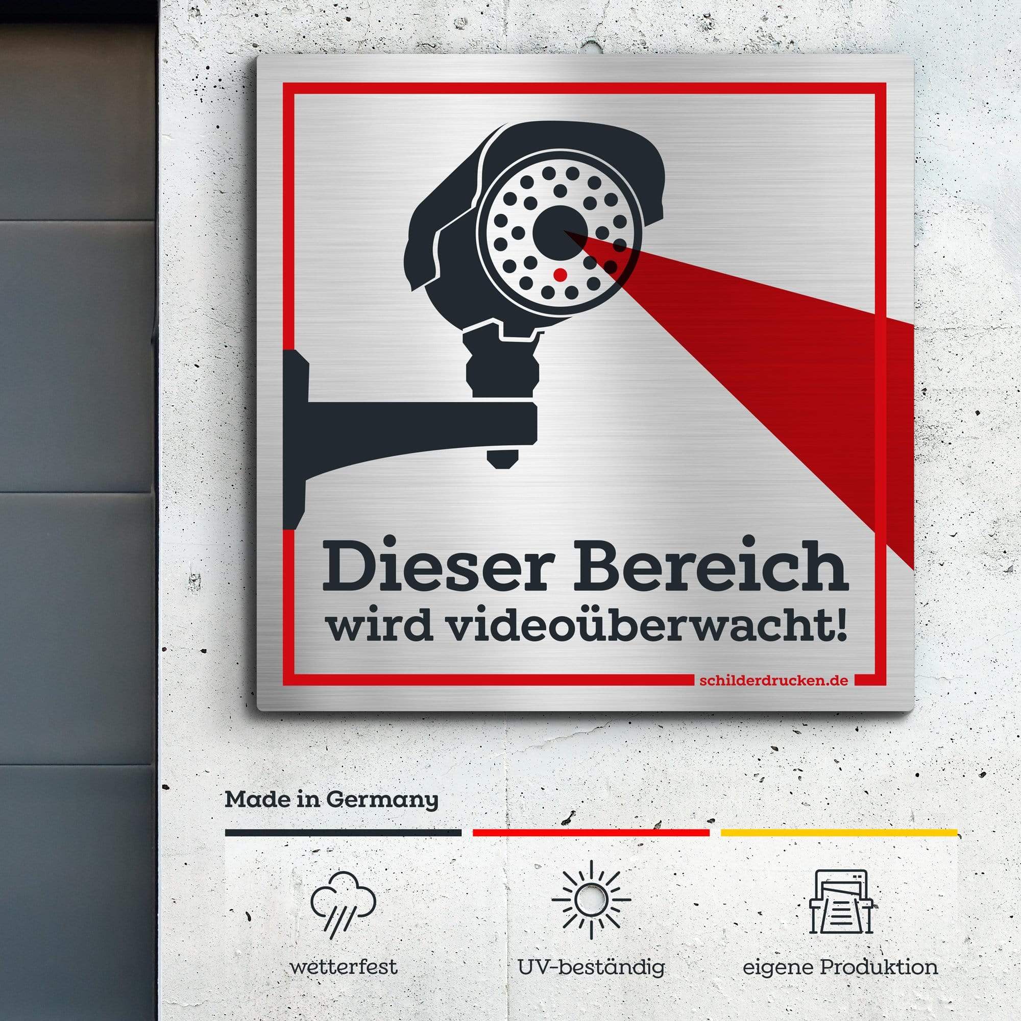 Bereich wird videoüberwacht 10 x 10 cm / silber gebürstet / Alu-Dibond online drucken lassen bei schilderdrucken.de