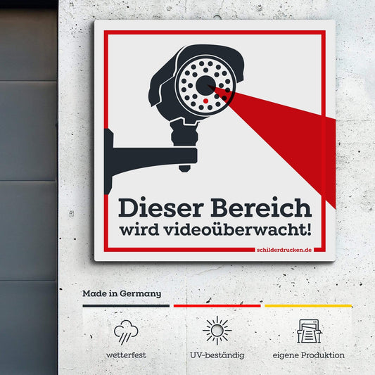 Bereich wird videoüberwacht 10 x 10 cm / weiss / Alu-Dibond online drucken lassen bei schilderdrucken.de