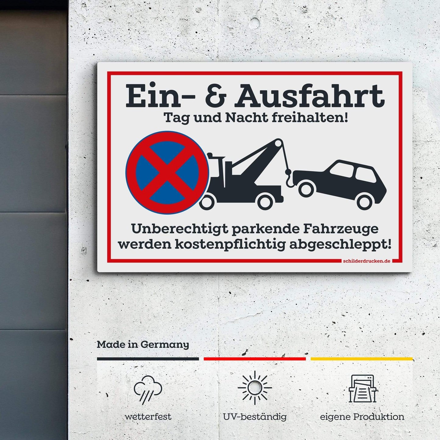 Parkplatzschild "Ein- & Ausfahrt – Tag & Nacht freihalten!" 10 x 15 cm / weiss / Alu-Dibond online drucken lassen bei schilderdrucken.de