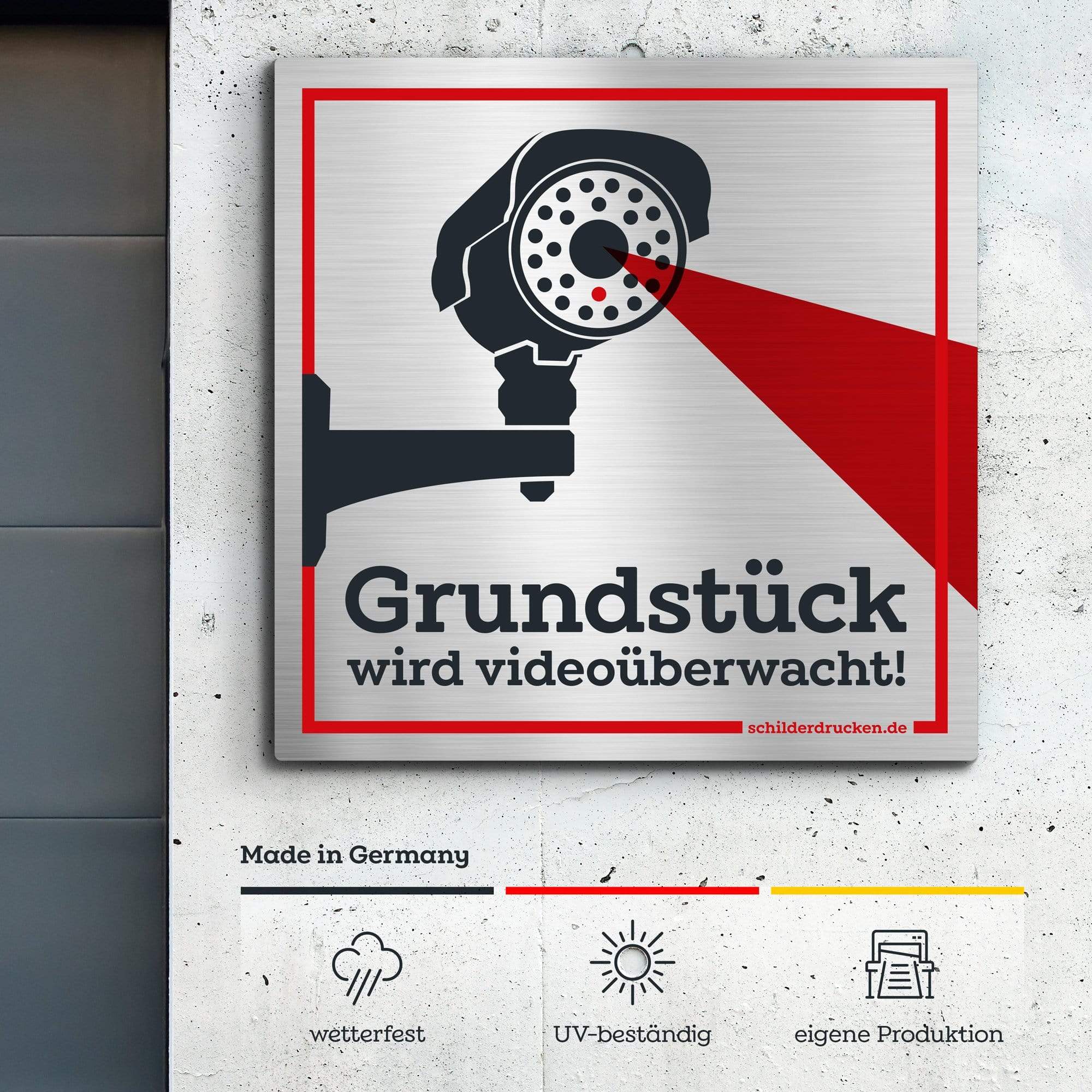 Grundstück wird videoüberwacht 20 x 20 cm / silber gebürstet / Alu-Dibond online drucken lassen bei schilderdrucken.de