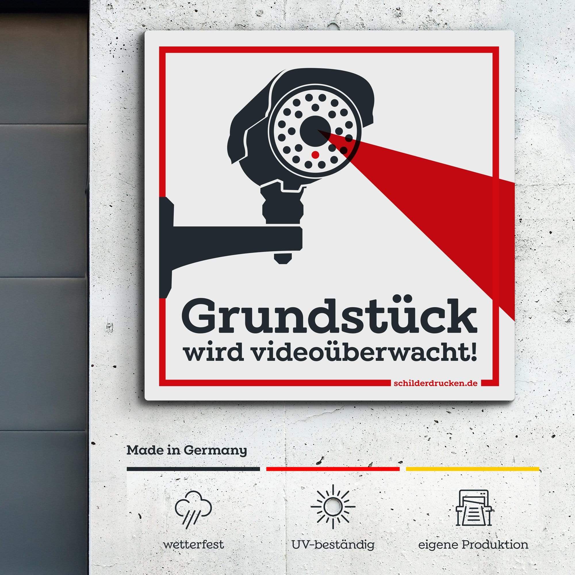 Grundstück wird videoüberwacht 20 x 20 cm / weiss / Alu-Dibond online drucken lassen bei schilderdrucken.de