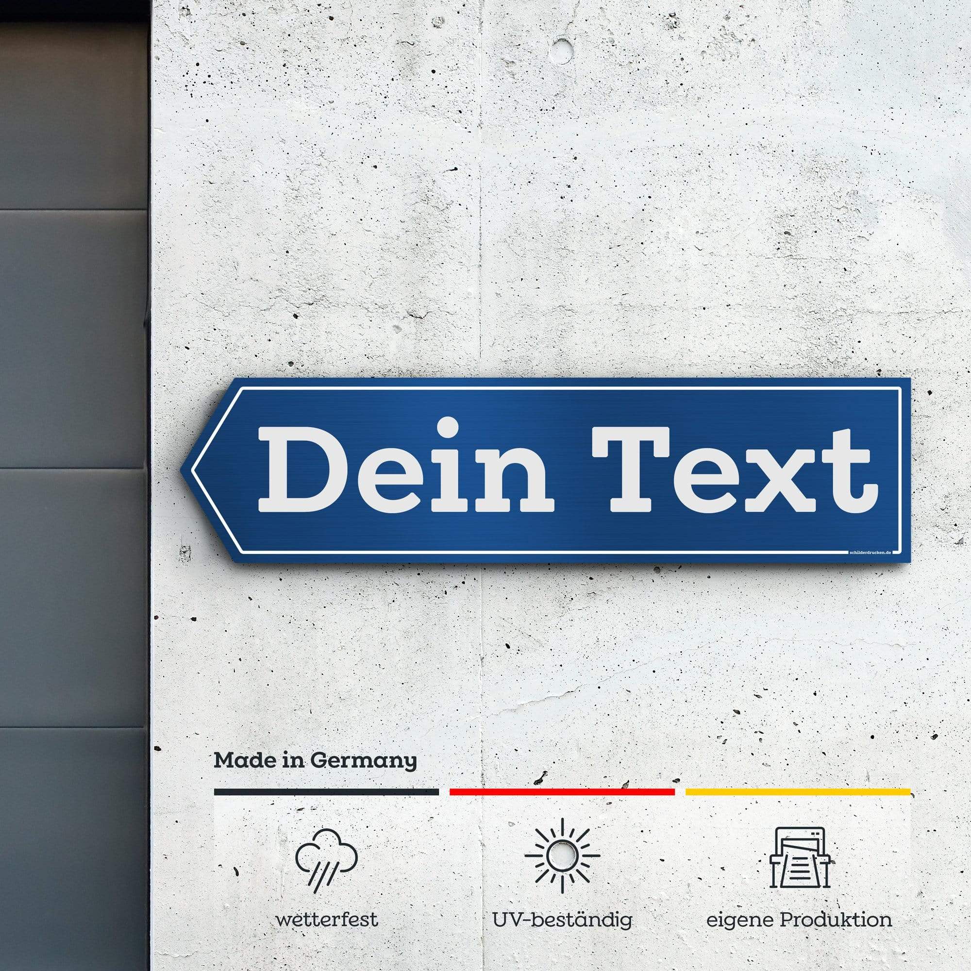 Pfeilschild mit deinem Text – individuell bedruckt 80 x 20 cm / silber gebürstet / Alu-Dibond online drucken lassen bei schilderdrucken.de