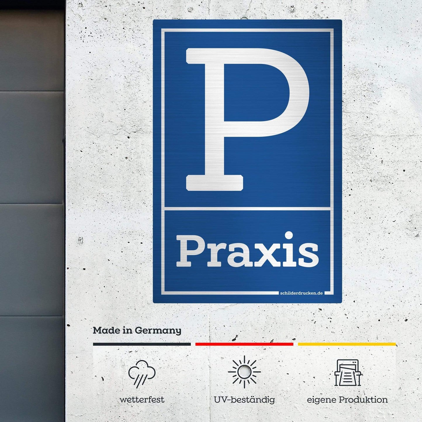 Praxis Parkplatz 10 x 15 cm / silber gebürstet / Alu-Dibond online drucken lassen bei schilderdrucken.de