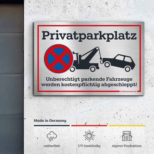 Privatparkplatz "Fahrzeuge werden kostenpflichtig abgeschleppt!" 10 x 15 cm / silber gebürstet / Alu-Dibond online drucken lassen bei schilderdrucken.de
