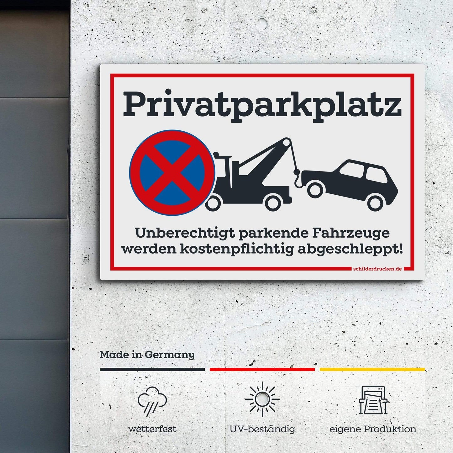 Privatparkplatz "Fahrzeuge werden kostenpflichtig abgeschleppt!" 10 x 15 cm / weiss / Alu-Dibond online drucken lassen bei schilderdrucken.de