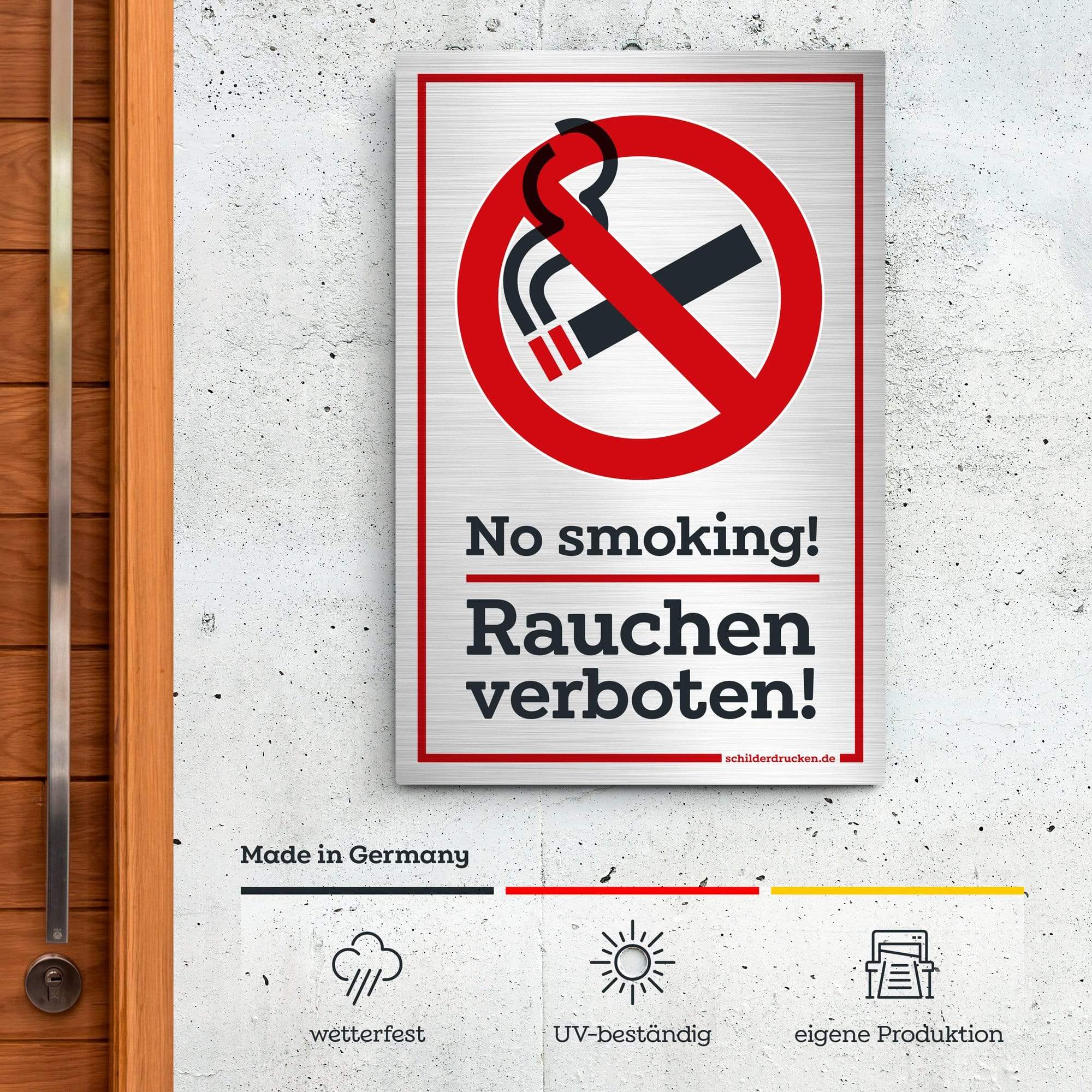 Rauchen verboten – no smoking! 10 x 15 cm / silber gebürstet / Alu-Dibond online drucken lassen bei schilderdrucken.de