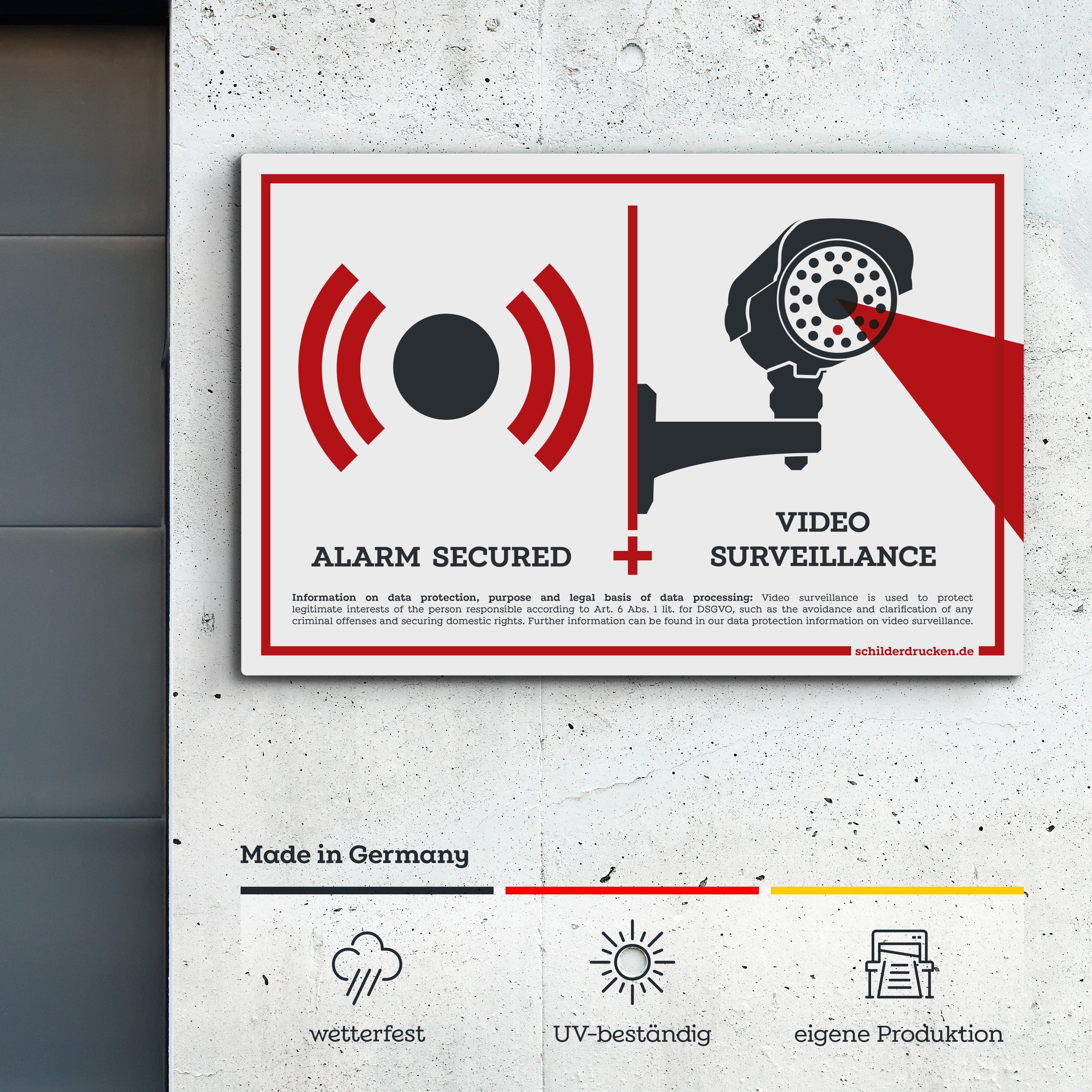 alarm secured and video surveillance! 10 x 15 cm / weiss / Alu-Dibond online drucken lassen bei schilderdrucken.de