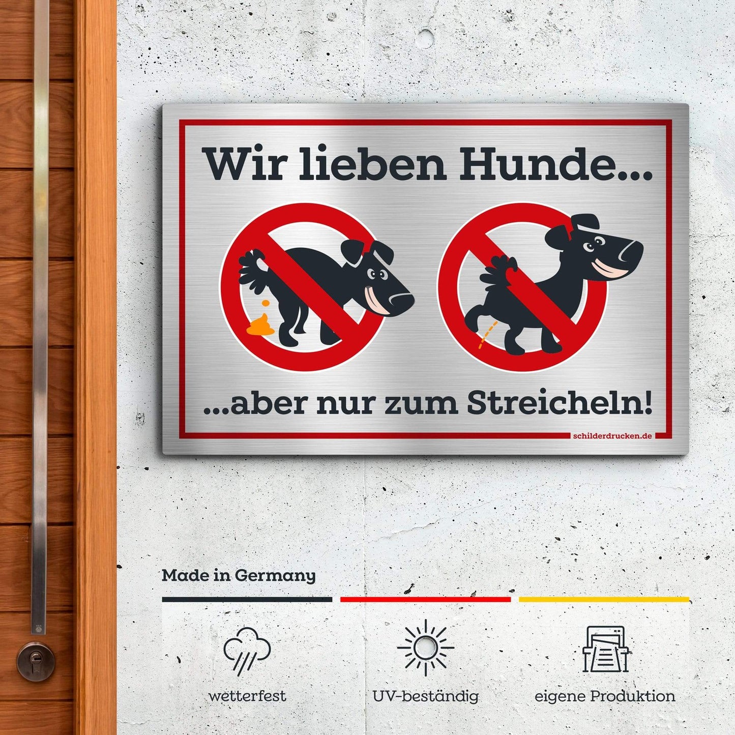 Kein Hundeklo - wir lieben Hunde! 10 x 15 cm / silber gebürstet / Alu-Dibond online drucken lassen bei schilderdrucken.de